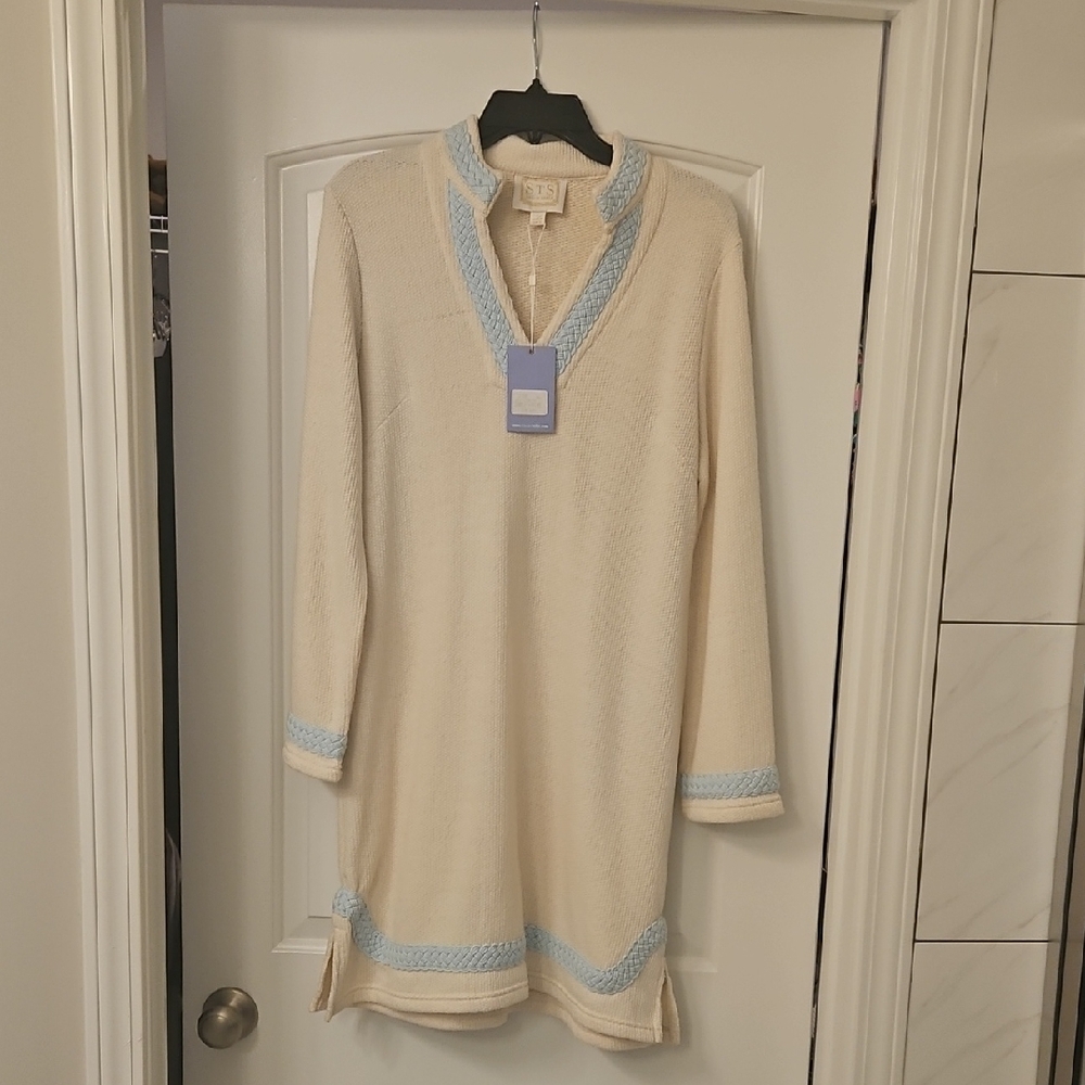 Elegant Cream and Blue Women's Dress